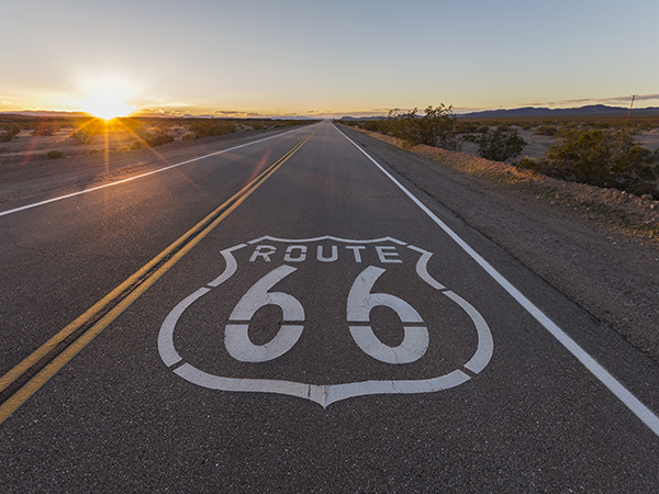 Sunset on Route 66 in the California Mojave Desert.