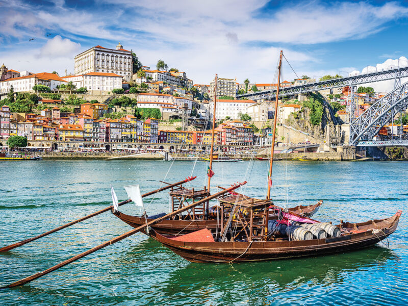 Colourful rabelo boats along Porto’s waterfront.
