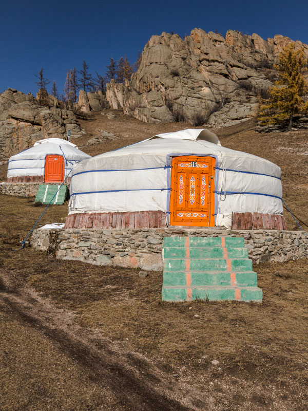 the exterior of a yurt ger camp in Gorkhi-Terelj National Park