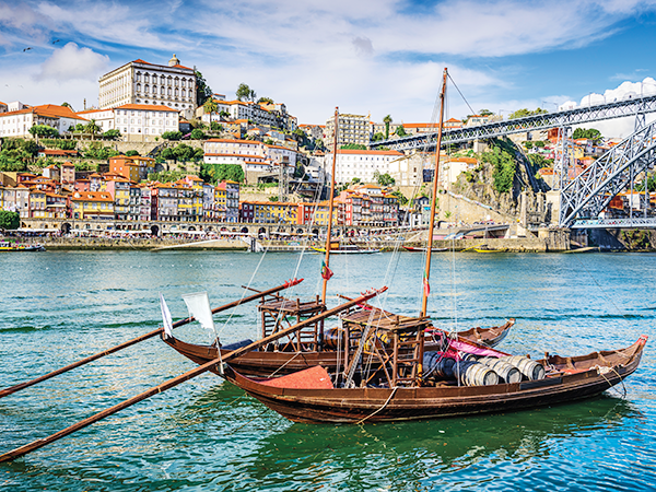 Colourful rabelo boats along Porto’s waterfront.