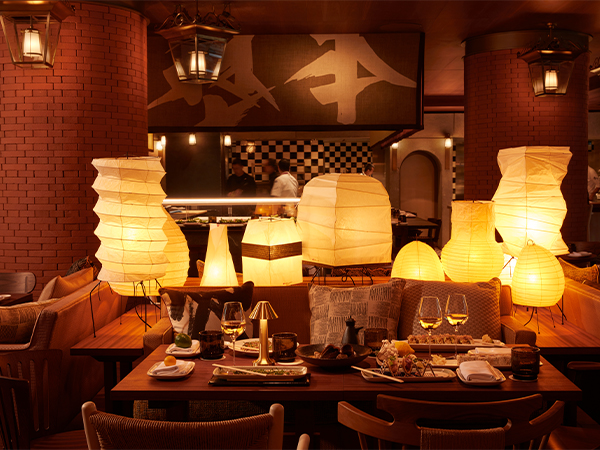 Japanese lanterns lit up inside Morimoto Bordeaux
