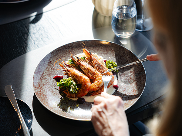 King prawns at Aune restaurant onboard HX Expedition's MS Fridtjof Nansen