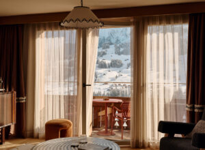 View of Swiss Alps covered in snow from inside The Brecon suite