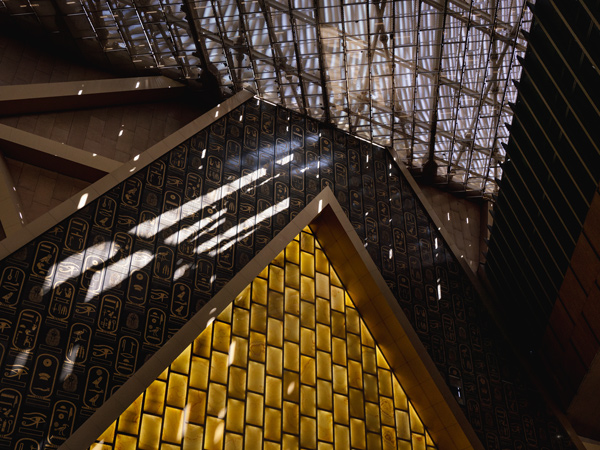 Hieroglyphs line the walls of the main entrance of the GEM