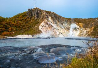 Mt. Hiyori Rises above Oyunuma Lake in Hell Valley, Noboribetsu, Hokkaido, Japan.