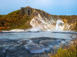Mt. Hiyori Rises above Oyunuma Lake in Hell Valley, Noboribetsu, Hokkaido, Japan.