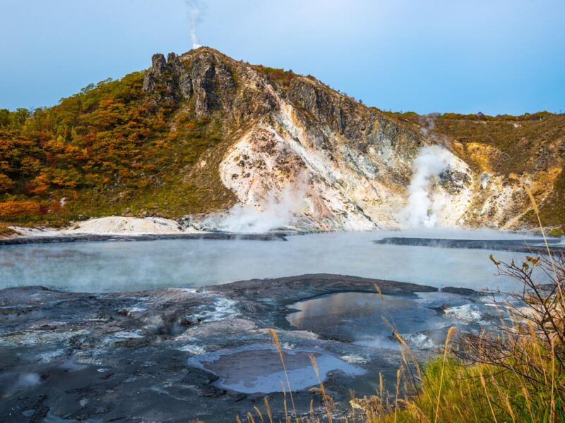 Mt. Hiyori Rises above Oyunuma Lake in Hell Valley, Noboribetsu, Hokkaido, Japan.