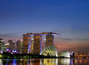 Exterior of Marina Bay Sands and Singapore's skyline.