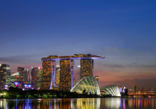 Exterior of Marina Bay Sands and Singapore's skyline.