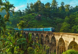 Iconic train passing over Nine Arch Bridge in Demodara, Ella, Sri Lanka