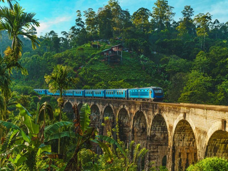 Iconic train passing over Nine Arch Bridge in Demodara, Ella, Sri Lanka
