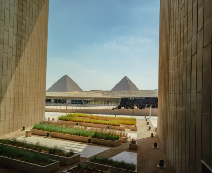 View of Pyramids of Giza from the main viewing platform of the Grand Egyptian Museum