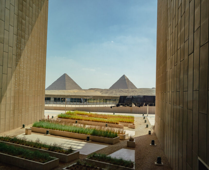 View of Pyramids of Giza from the main viewing platform of the Grand Egyptian Museum