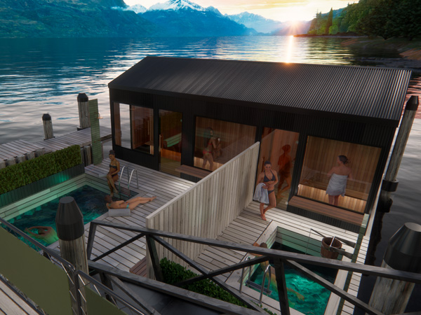 Watershed's floating sauna on Lake Whakatipu