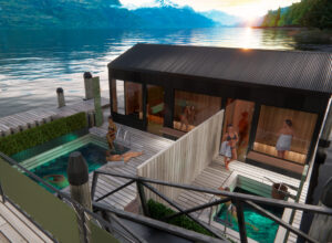 Watershed's floating sauna on Lake Whakatipu