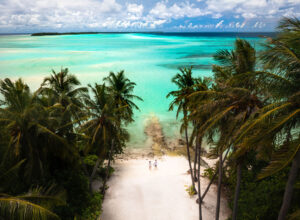 a couple walking hand in hand on the pristine white sand beach surrounded by palm trees in the Maldives