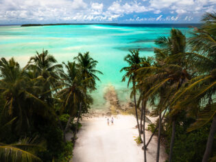 a couple walking hand in hand on the pristine white sand beach surrounded by palm trees in the Maldives