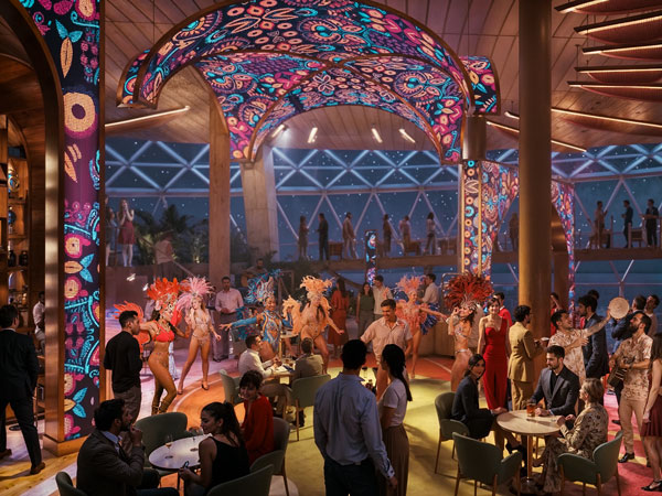 feather-adorned performers at the Bazaar, Celebrity Xcel