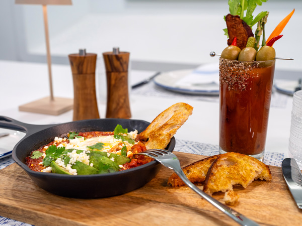 Shakshuka with a Bloody Mary cocktail at Bora, Deck 15, Celebrity Xcel