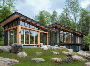 Exterior of Barlochan Cottage in Torrance, located on Walkers Point on the west shore of Lake Muskoka, Ontario, Canada. The Heated Rivalry cottage
