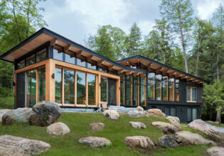 Exterior of Barlochan Cottage in Torrance, located on Walkers Point on the west shore of Lake Muskoka, Ontario, Canada. The Heated Rivalry cottage