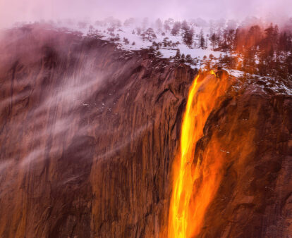 An aerial of Yosemite Horsetail Fire Falls