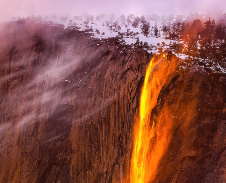 An aerial of Yosemite Horsetail Fire Falls