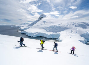 tour group skiing in antarctica with aurora