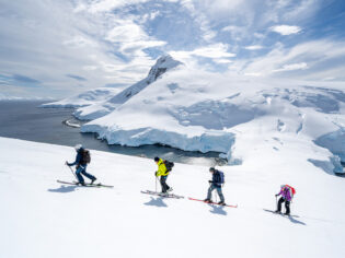 tour group skiing in antarctica with aurora