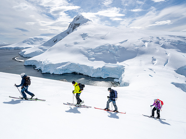 tour group skiing in antarctica with aurora