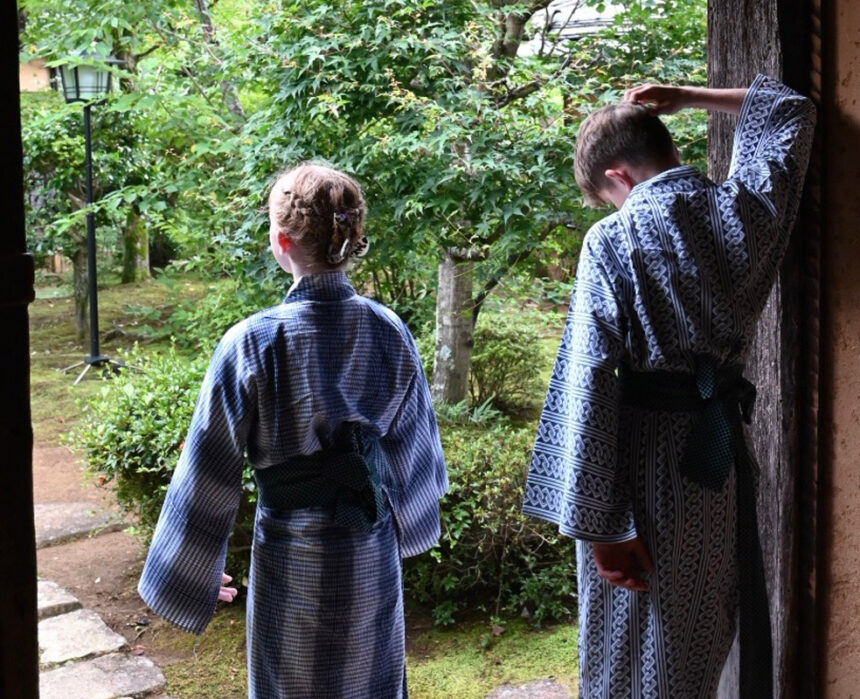 The writer's children in the doorway at Nagataki Inn