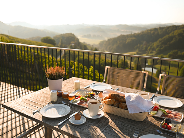 A traditional Austrian meal, beautifully presented on a table with breathtaking views beyond.