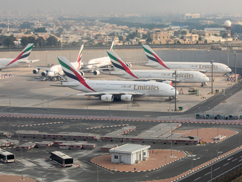 Emirates airplanes parked at Dubai International Airport