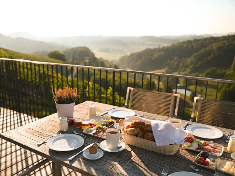 A traditional Austrian meal, beautifully presented on a table with breathtaking views beyond.