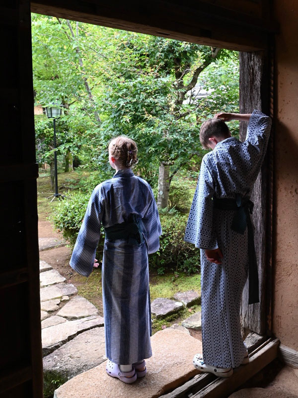 two kids wearing Japanese yukata at Nagsaki Inn