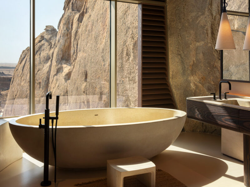 a bathtub with a view at Desert Rock Resort, Saudi Arabia