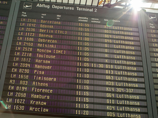 european countries on an airport departures board
