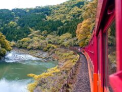 Sagano Romantic Train in japan going over water