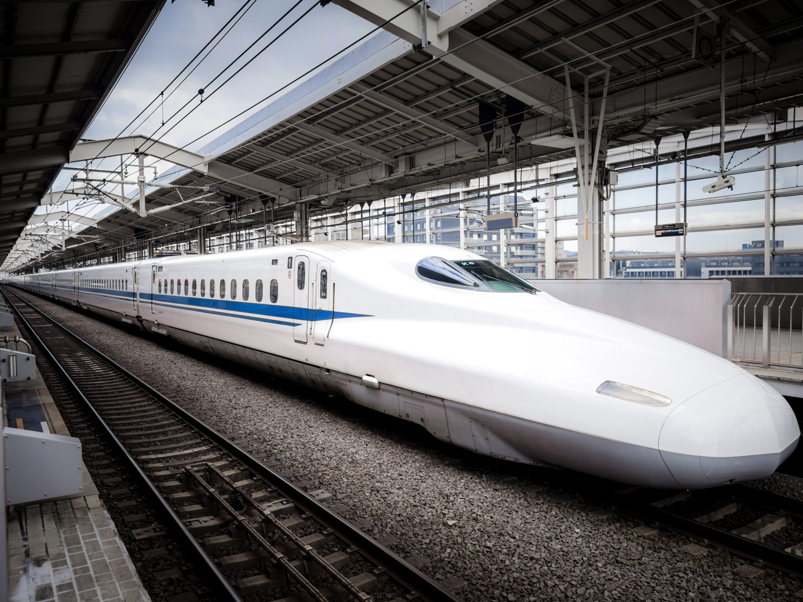 a white Shinkansen Bullet Train at Kyoto Station
