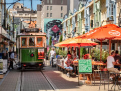 a tram on New Regent Street, Christchurch
