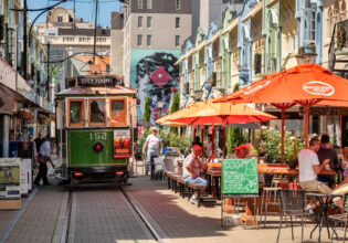 a tram on New Regent Street, Christchurch