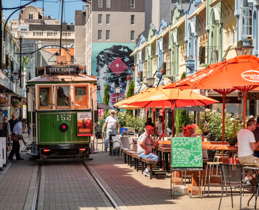 a tram on New Regent Street, Christchurch