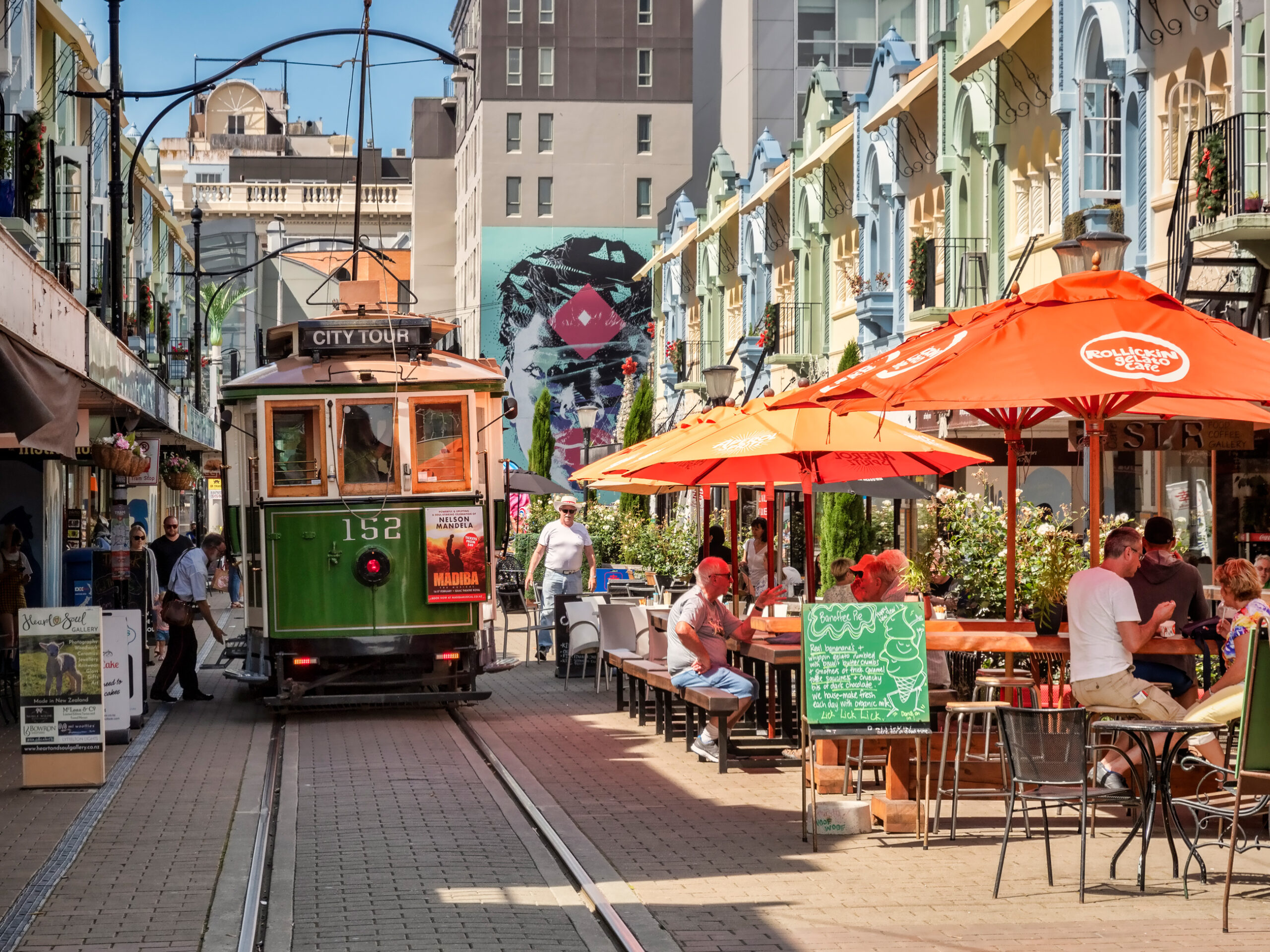 a tram on New Regent Street, Christchurch