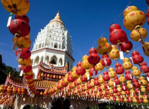 Rows of Chinese New Year lanterns in front of Kek Lok Si penang