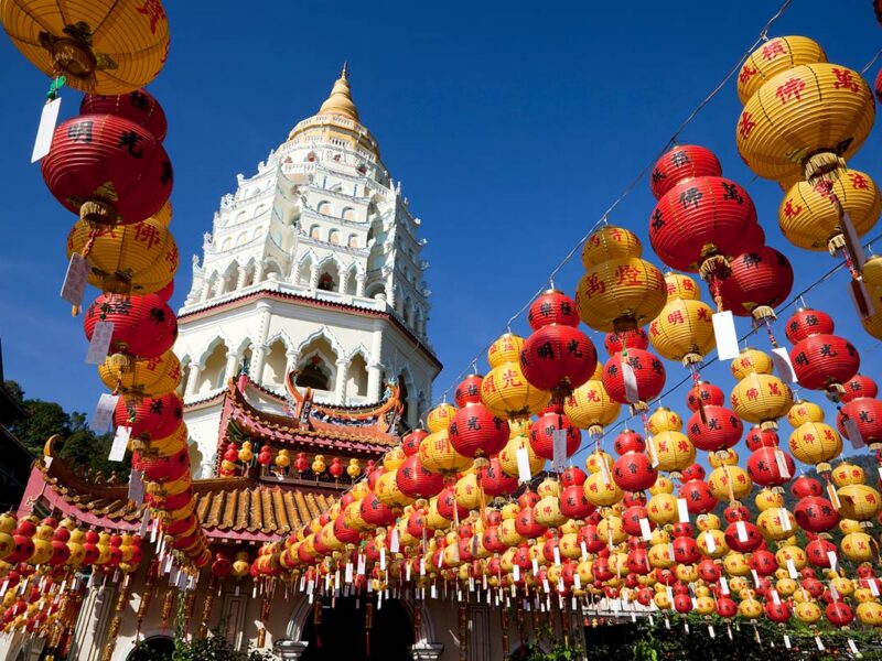 Rows of Chinese New Year lanterns in front of Kek Lok Si penang