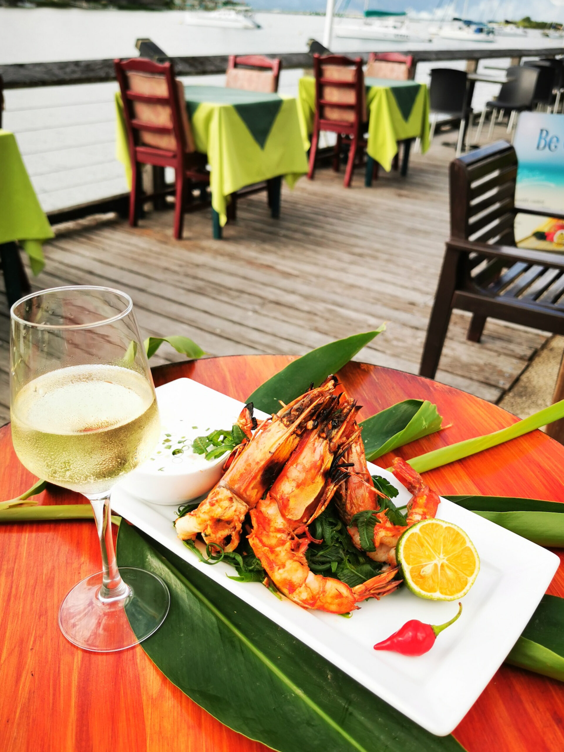 prawns and wine at Nadina Authentic Fijian Restaurant
