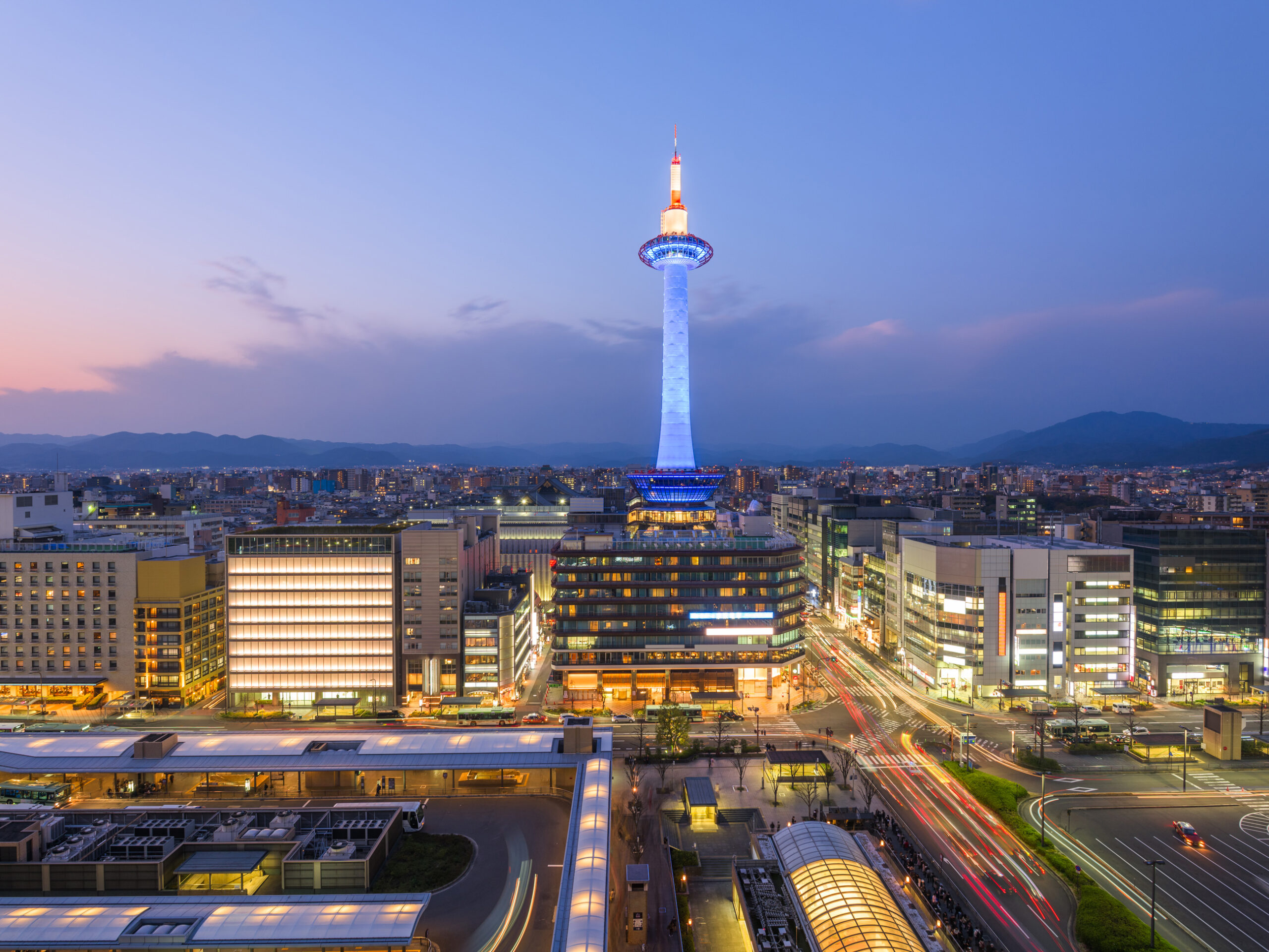 downtown Kyoto, Japan at twilight