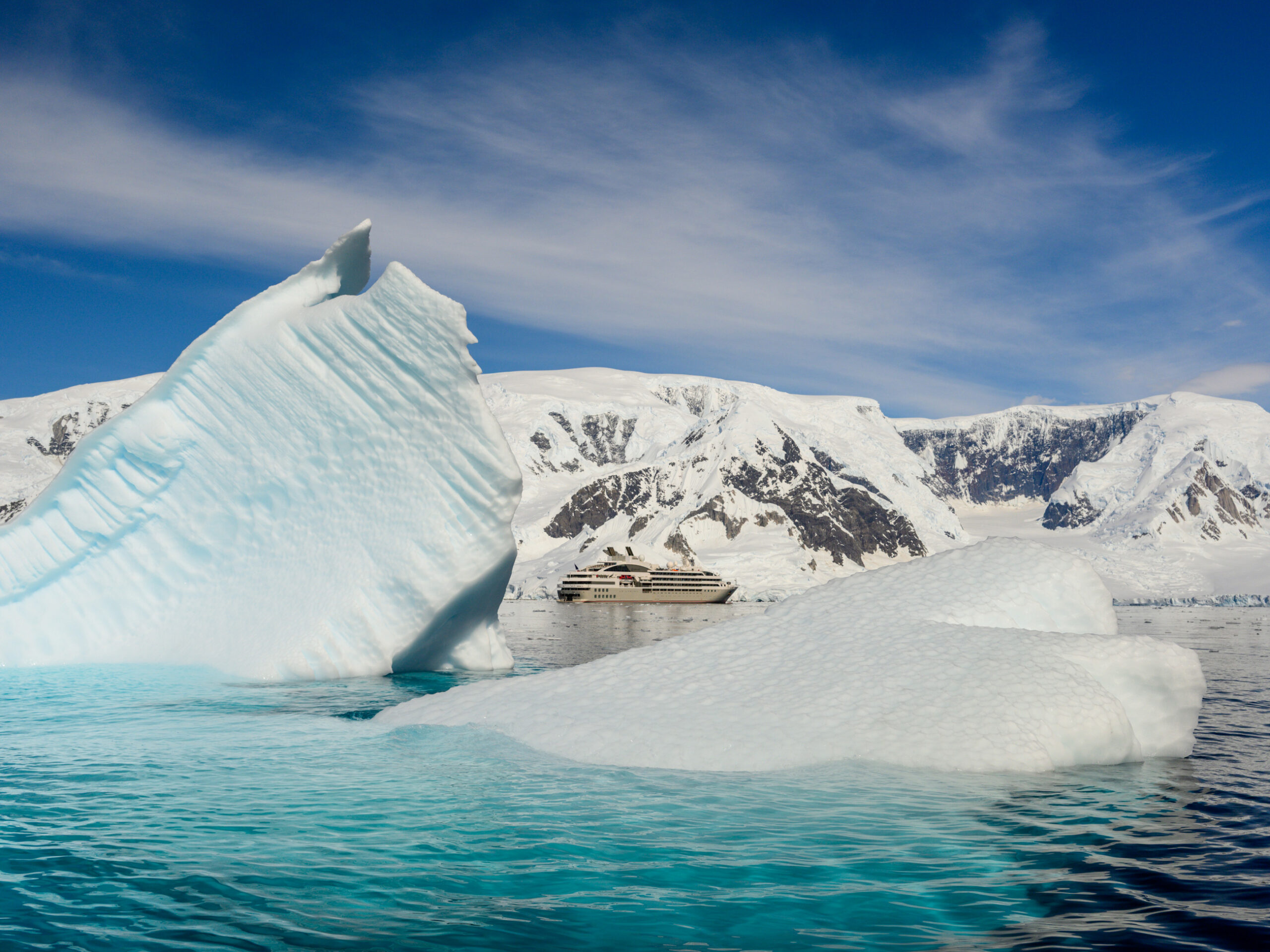 PONANT EXPLORATIONS luxury expedition ship at Wilhelmina Bay on the Antarctic Peninsula