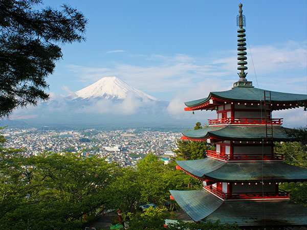 temple with a view of Mount Fuji japan