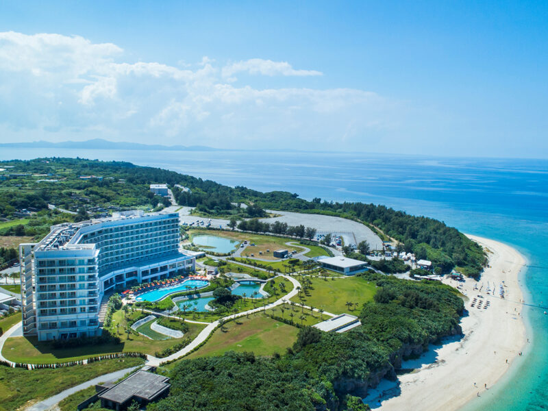 Aerial view of Hilton Okinawa Sesoko Resort, one of the destinations when you visit 3 of the best island-hopping destinations in Okinawa.